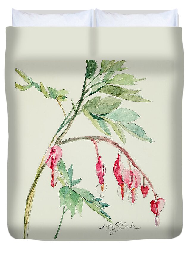 Watercolor Duvet Cover featuring the painting Bleeding Hearts III by Mary Benke