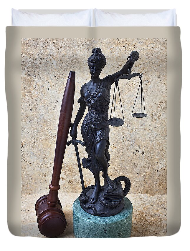 Blind Justice Statue Duvet Cover featuring the photograph Blind justice statue with gavel by Garry Gay