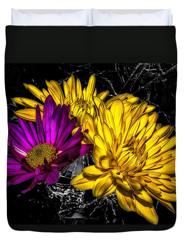 Flower Duvet Cover featuring the photograph Blooms On Broken Glass by Bill and Linda Tiepelman