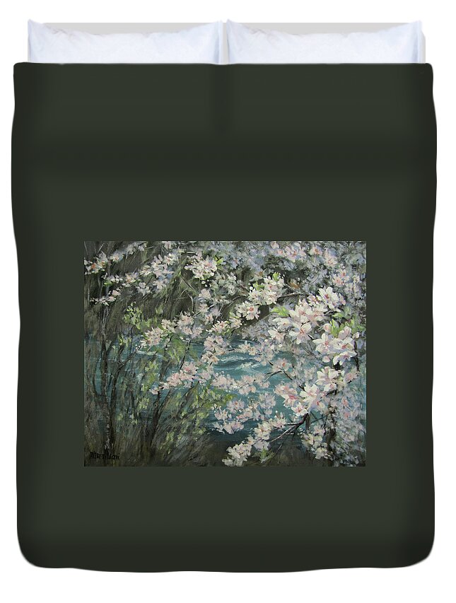 Spring Duvet Cover featuring the painting Blossoming River by Karen Ilari