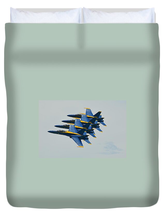 Blue Angels Duvet Cover featuring the photograph Blue Angels Practice Echelon Formation by Jeff at JSJ Photography