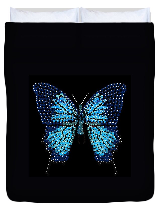  Duvet Cover featuring the digital art Blue Butterfly Black Background by R Allen Swezey