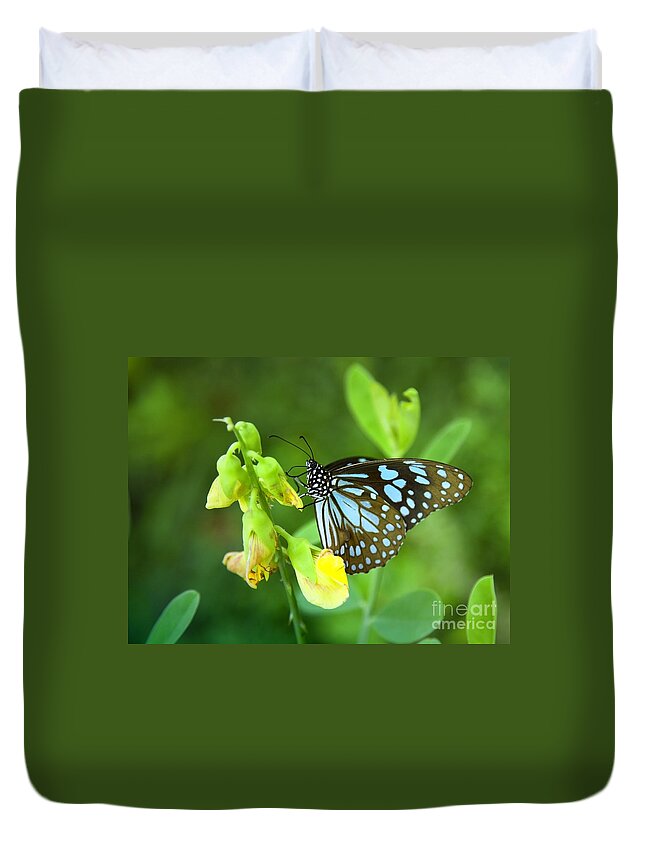 Butterfly Duvet Cover featuring the photograph Blue Butterfly In The Green Garden by Gina Koch