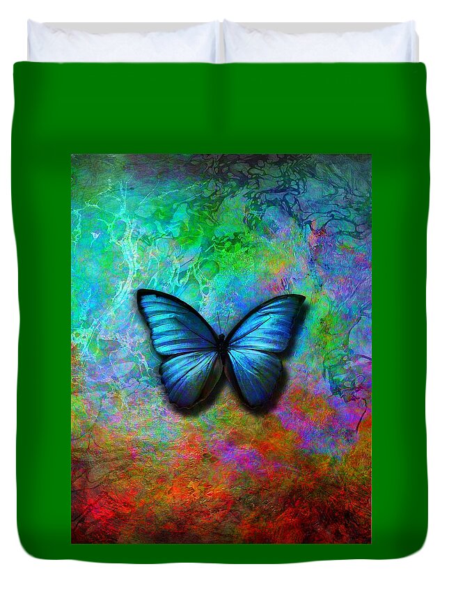 Blue Butterfly Duvet Cover featuring the digital art Blue Butterfly on colorful background by Lilia D