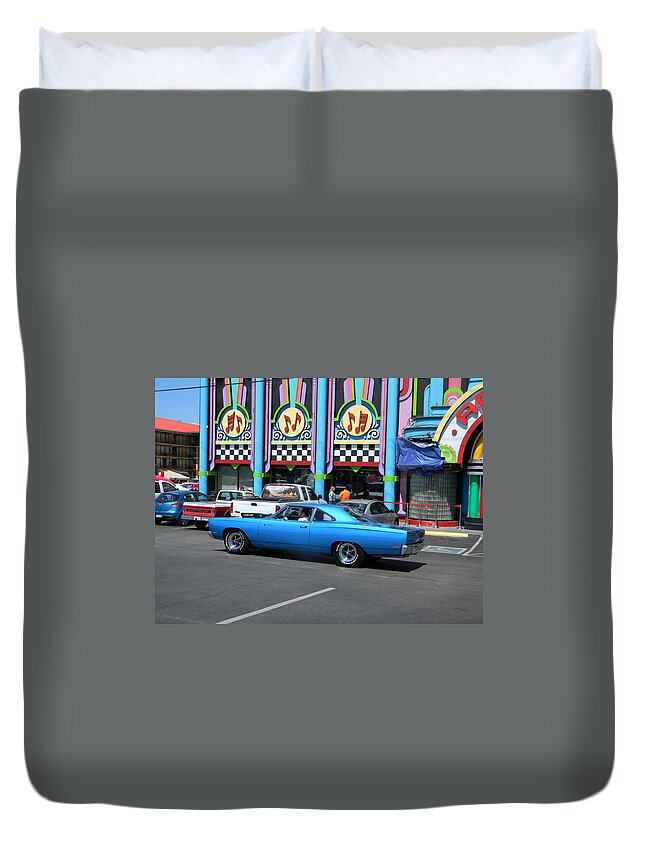 Blue Duvet Cover featuring the photograph Blue Car With Colorful Background by Mary Koval