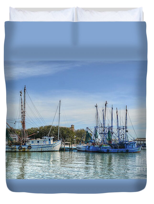 Boats Duvet Cover featuring the photograph Blue Chinese Shrimping Boats by Kathy Baccari