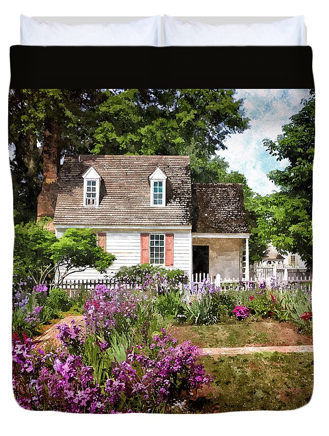 Cottage Duvet Cover featuring the painting Blue Cottage by Shari Nees