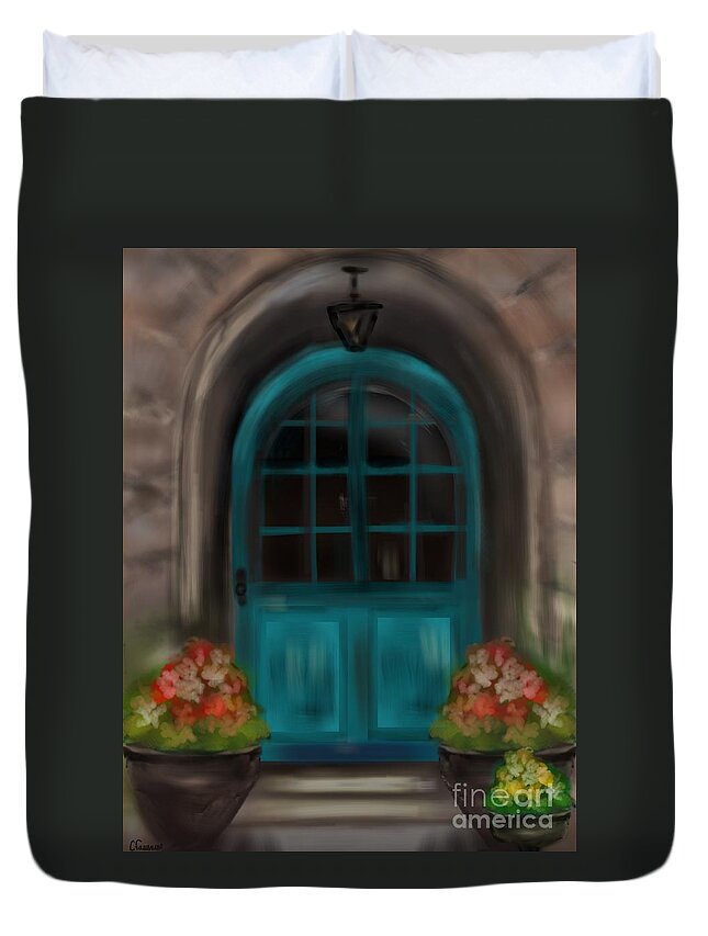 Old World Duvet Cover featuring the Blue Door by Christine Fournier