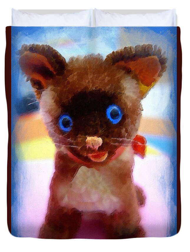 Simey Stuffed Animal Duvet Cover featuring the painting Blue Eyed Kitty by Joan Reese