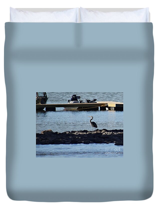 Birds Duvet Cover featuring the photograph Blue Heron by the dock by Christopher Plummer