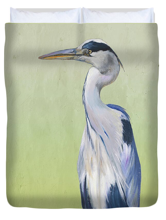 Blue Duvet Cover featuring the painting Blue Heron On Green II by Patricia Pinto