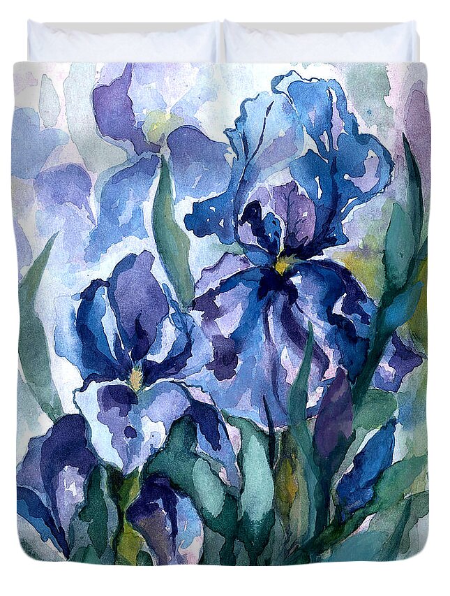 Flower Duvet Cover featuring the painting Blue Iris by Barbara Jewell