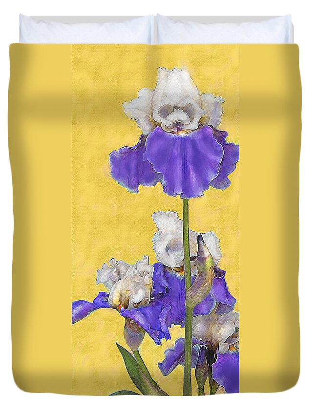 Jane Schnetlage Duvet Cover featuring the digital art Blue Iris On Gold by Jane Schnetlage