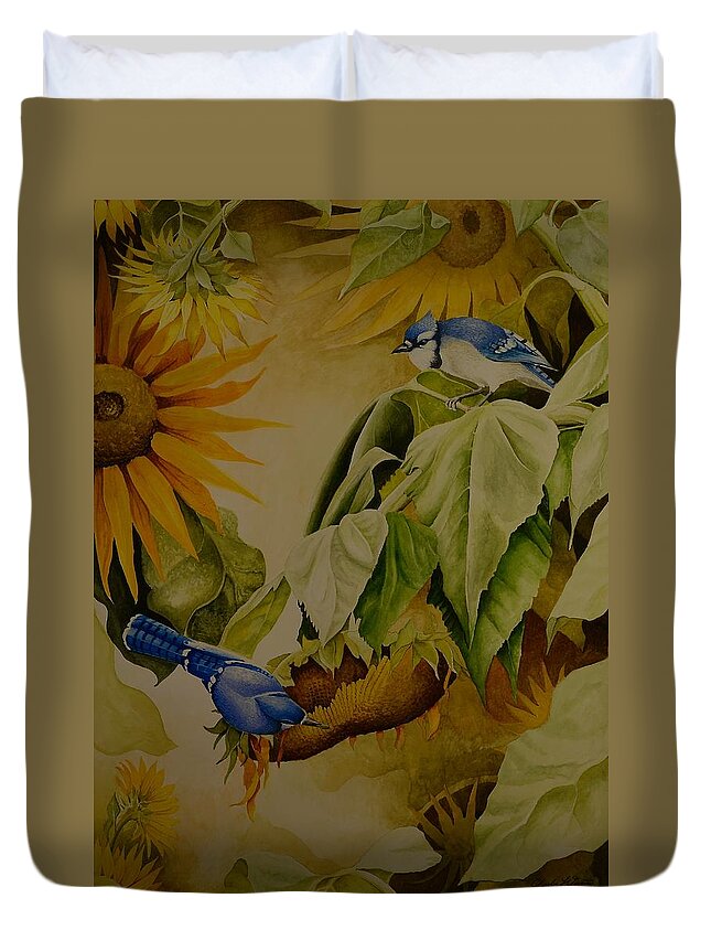Watercolor Duvet Cover featuring the painting Blue Jays on Sunflower by Charles Owens