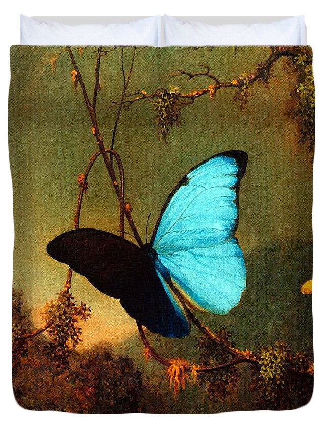 Martin Johnson Heade Duvet Cover featuring the painting Blue Morpho Butterfly by Martin Johnson Heade