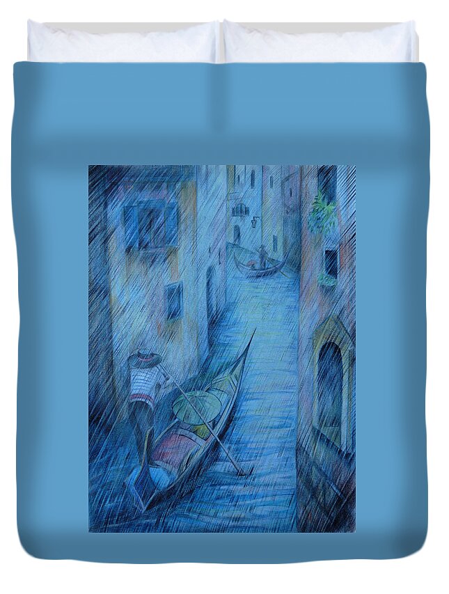 Travel Duvet Cover featuring the drawing Blue Rain of Venice by Anna Duyunova