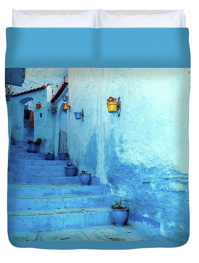 Steps Duvet Cover featuring the photograph Blue Staircase & Colourful Flowerpots by Pavliha