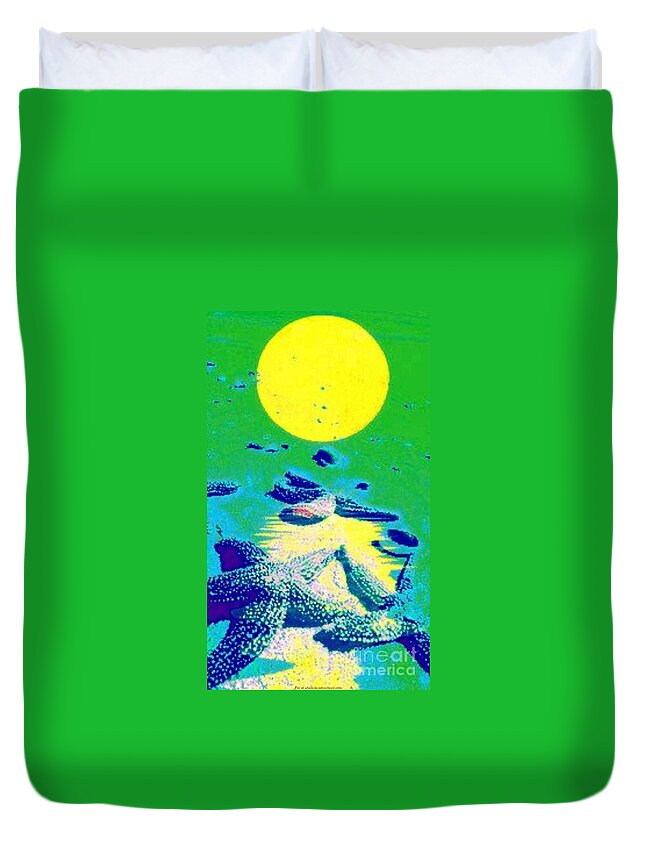 Blue Starfish Duvet Cover featuring the painting Blue Starfish Yellow Moon by PainterArtist FIN