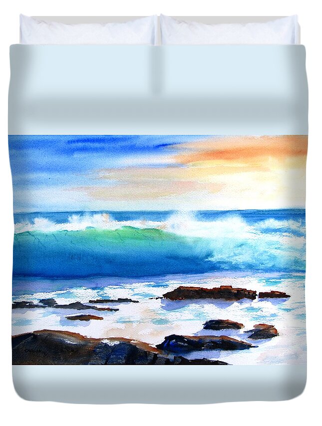 Ocean Duvet Cover featuring the painting Blue Water Wave crashing on Rocks by Carlin Blahnik CarlinArtWatercolor