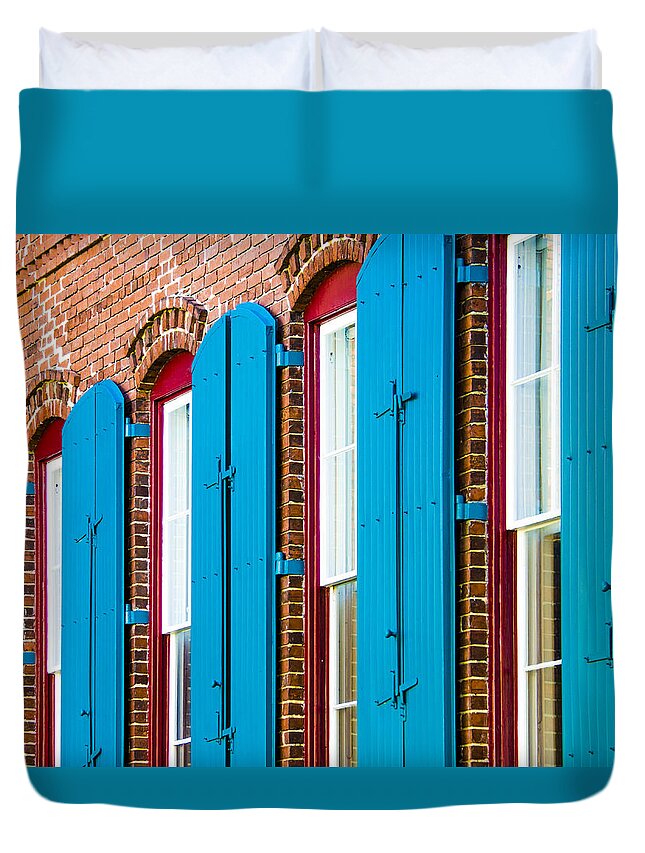 Architecture Duvet Cover featuring the photograph Blue Windows by Carolyn Marshall