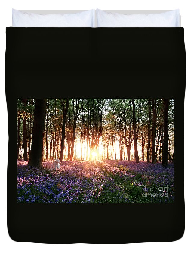 Flower Duvet Cover featuring the photograph Rabbit in Bluebell Woods by Simon Bratt