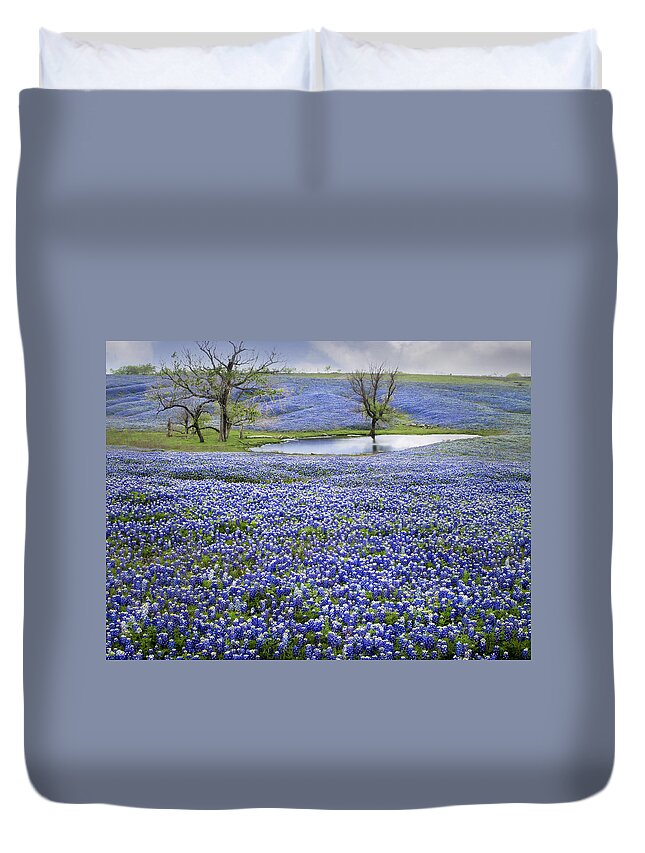 Blue Duvet Cover featuring the photograph Bluebonnet Pond by David and Carol Kelly