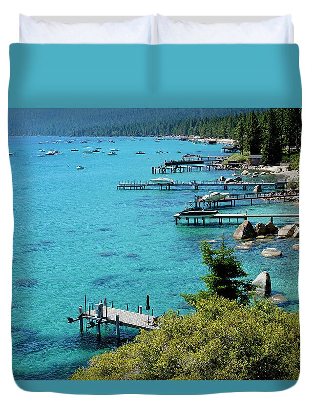 Tranquility Duvet Cover featuring the photograph Boat Docks And Moored Boats In A Cove by Timothy Hearsum