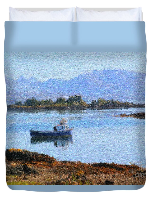 Boat Duvet Cover featuring the digital art Boat on a Loch by Diane Macdonald