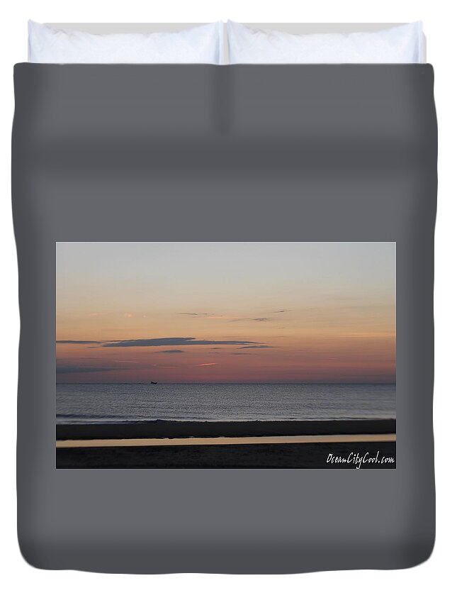Boat Duvet Cover featuring the photograph Boat on the Horizon at Sunrise by Robert Banach