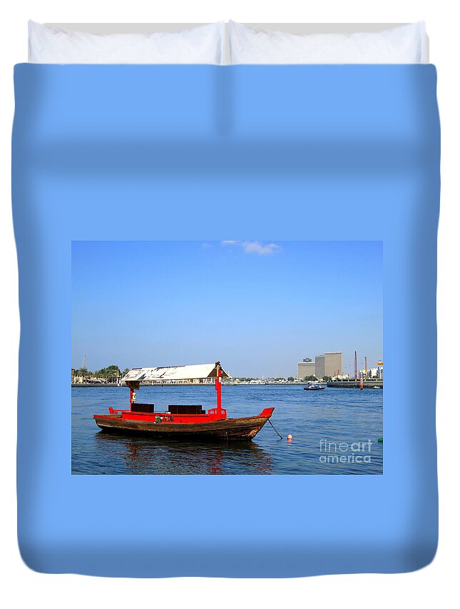 Background Duvet Cover featuring the photograph Boat on the River by Amanda Mohler