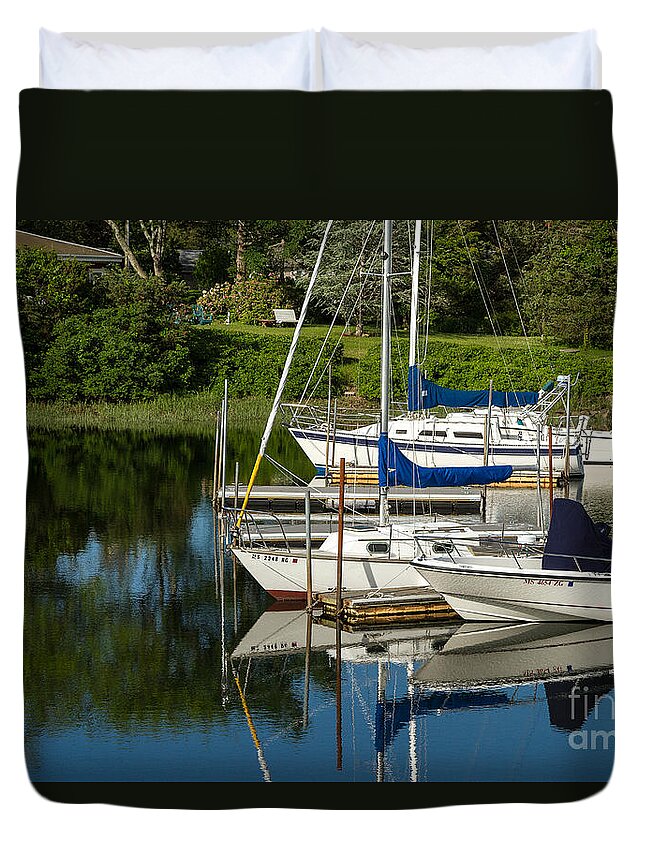 Boats Duvet Cover featuring the photograph Boat Reflections in Cape Cod Hen Cove by Eleanor Abramson
