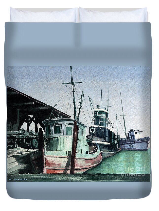 Boats Duvet Cover featuring the painting Boats by Joey Agbayani