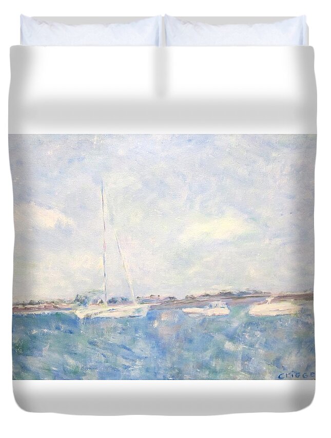 Impressionism Duvet Cover featuring the painting Boats on Lake Michigan in Chicago by Glenda Crigger