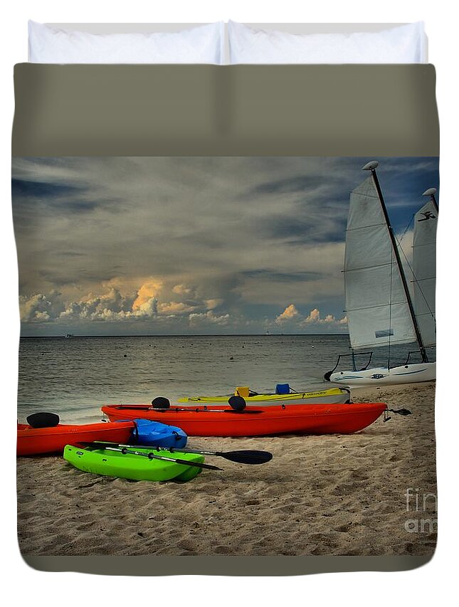 Caribbean Ocean Duvet Cover featuring the photograph Boats On The Beach by Adam Jewell