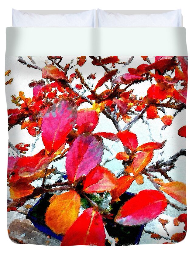 Bonsai Tree Duvet Cover featuring the painting Bonsai Tree with Red Leaves by Joan Reese