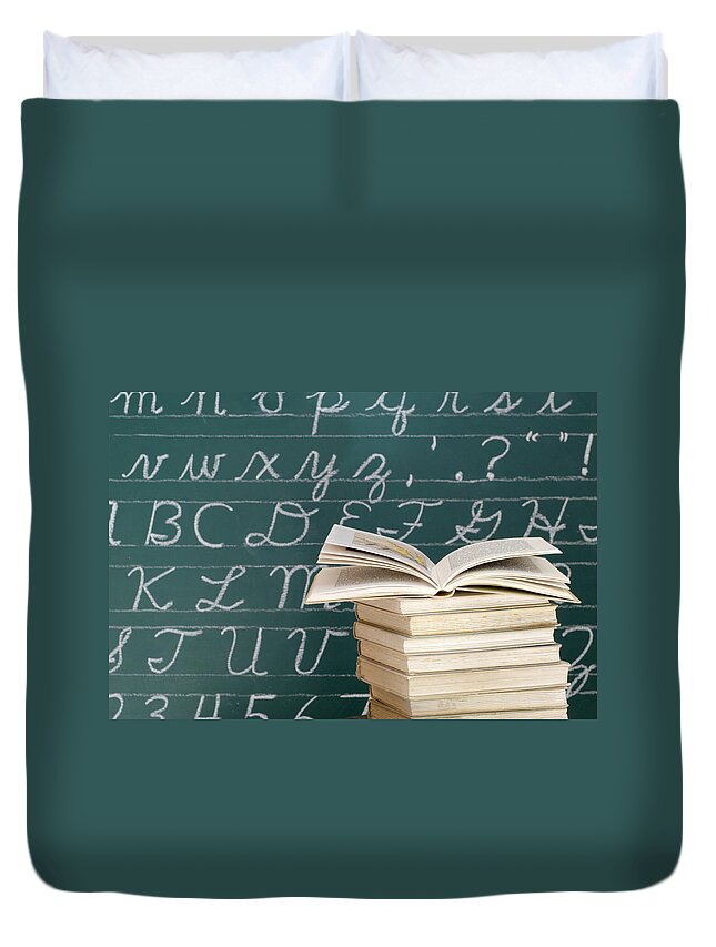 Reading Duvet Cover featuring the photograph Books and Chalkboard by Chevy Fleet