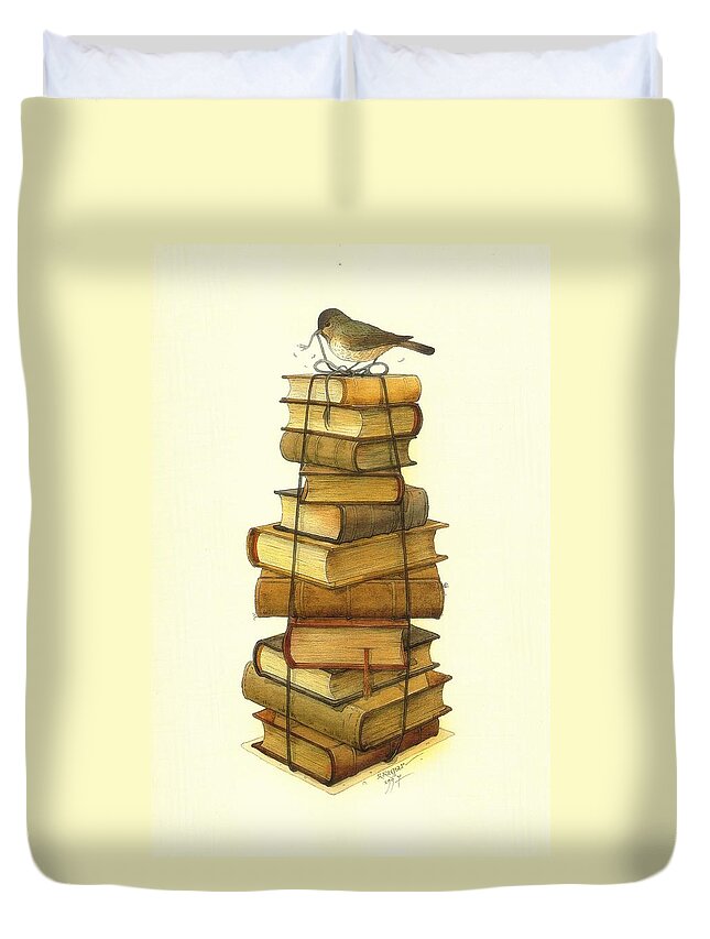 Books Greeting Cards Birds Duvet Cover featuring the painting Books and little Bird by Kestutis Kasparavicius