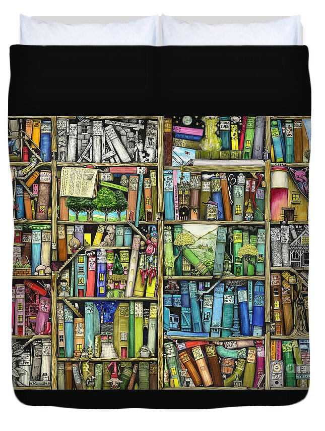Colin Thompson Duvet Cover featuring the digital art Bookshelf by MGL Meiklejohn Graphics Licensing