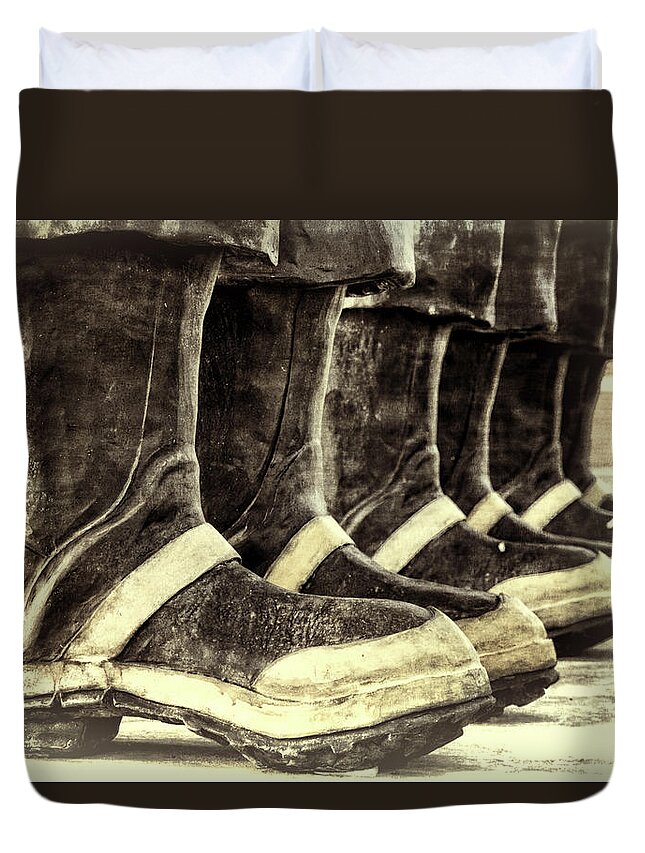 Joan Carroll Duvet Cover featuring the photograph Boots on the Ground Monotone by Joan Carroll