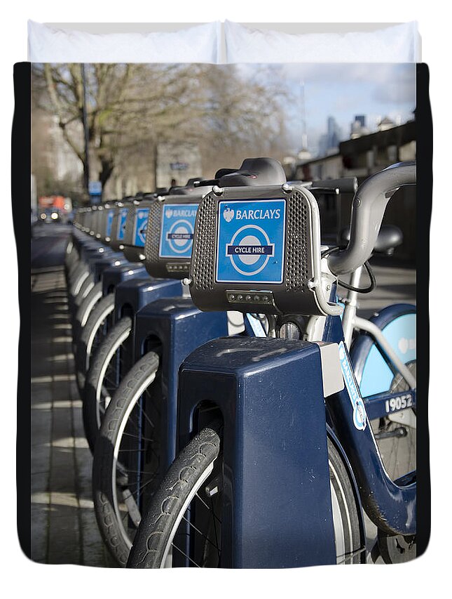 London Duvet Cover featuring the photograph Boris bikes by Steev Stamford
