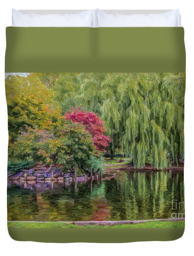 Boston Common Duvet Cover featuring the digital art Boston Common Pond by Liz Leyden