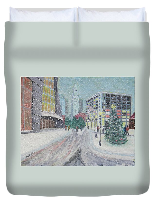 City Boston Snow Chirstmas Duvet Cover featuring the painting Boston First Snow by Scott W White