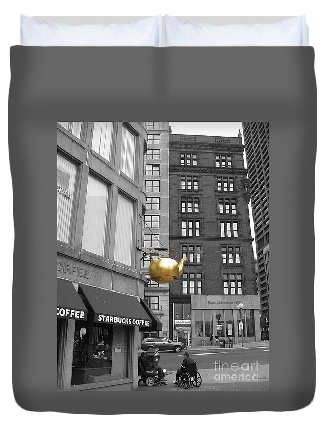 Boston Duvet Cover featuring the photograph Boston Golden Teapot by Cheryl Del Toro