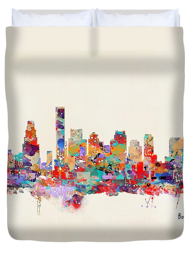 Boston City Skyline Duvet Cover featuring the painting Boston Massachusetts Skyline by Bri Buckley