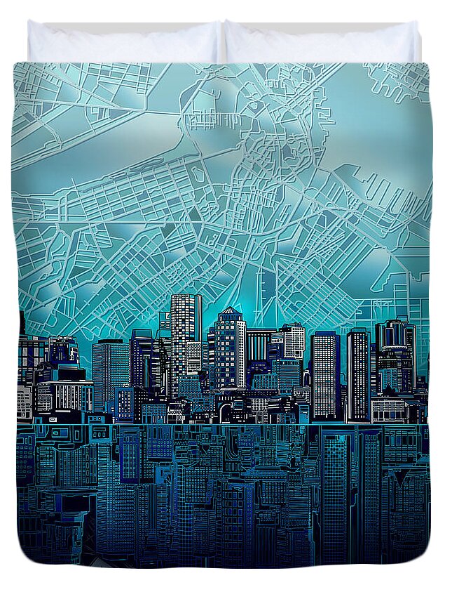 Boston Duvet Cover featuring the painting Boston Skyline Abstract Blue by Bekim M
