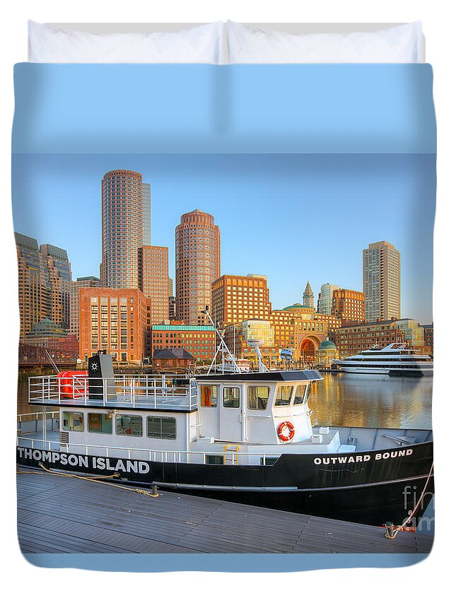 Clarence Holmes Duvet Cover featuring the photograph Boston Skyline and Thompson Island Ferry I by Clarence Holmes