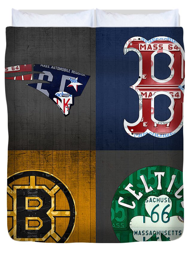 Boston Duvet Cover featuring the mixed media Boston Sports Fan Recycled Vintage Massachusetts License Plate Art Patriots Red Sox Bruins Celtics by Design Turnpike