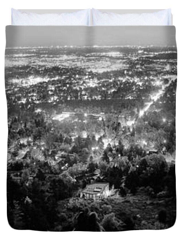 Cityscape Duvet Cover featuring the photograph Boulder Colorado City Lights Panorama Black and White by James BO Insogna