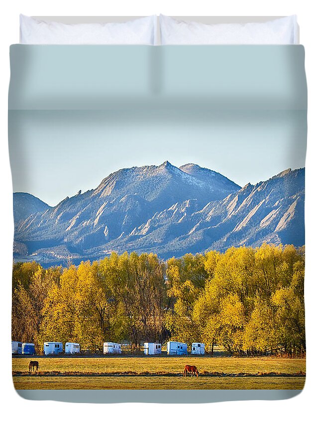 Flatirons Duvet Cover featuring the photograph Boulder County Colorado Flatirons Autumn View by James BO Insogna