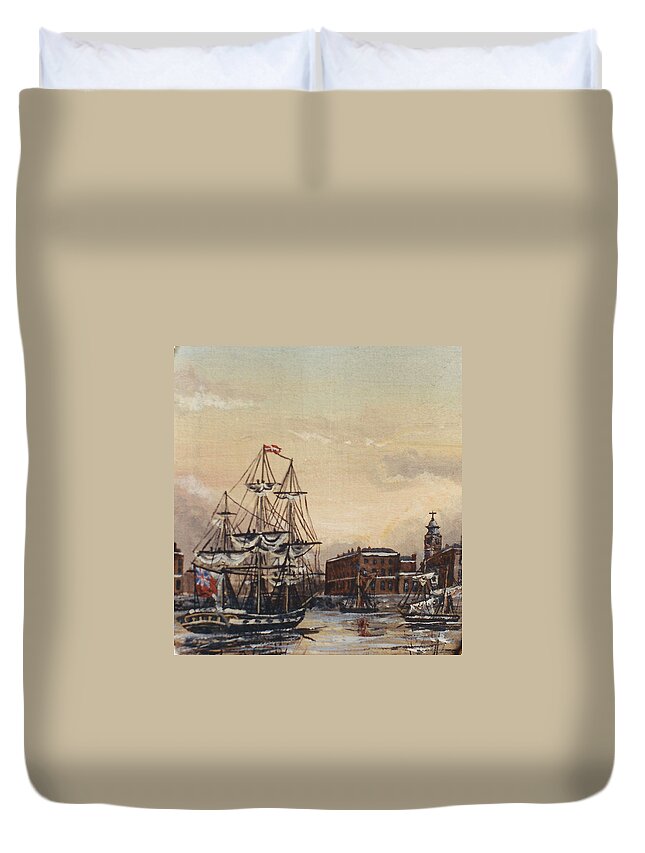 Bounty Duvet Cover featuring the painting Bounty Passing Wapping London 1789 by Mackenzie Moulton